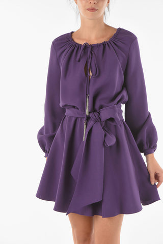 Wool Silk Short Dress with Peasent Sleeves and Drawstrings