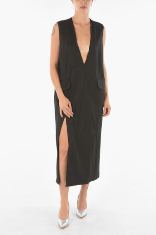MM6 Virgin Wool Blend Midi Dress with Plunging Neckline