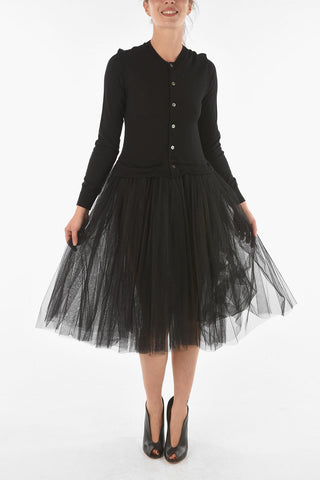 Wool Button-up Midi Dress with Tulle Skirt