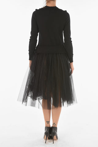 Wool Button-up Midi Dress with Tulle Skirt