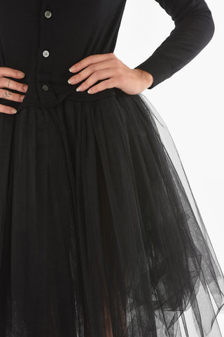 Wool Button-up Midi Dress with Tulle Skirt