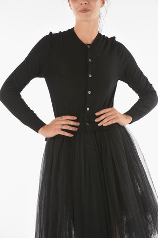 Wool Button-up Midi Dress with Tulle Skirt