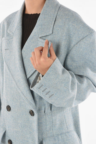 Wool Double-breasted Coat with Visible Stitching