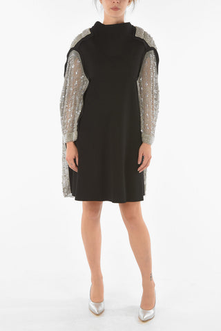 Vestito Midi con Maniche e Parte Posteriore con Perline e Paillettes