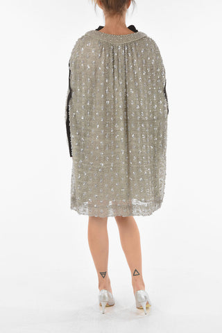 Vestito Midi con Maniche e Parte Posteriore con Perline e Paillettes