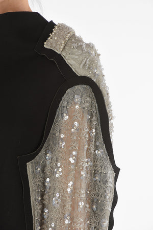 Vestito Midi con Maniche e Parte Posteriore con Perline e Paillettes
