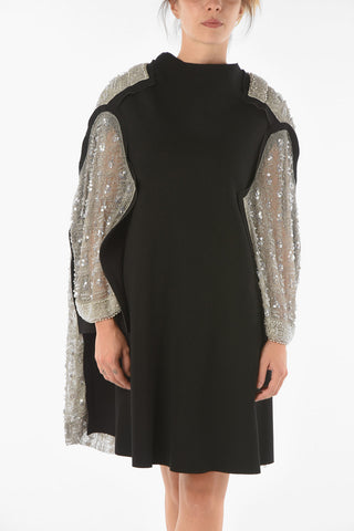 Vestito Midi con Maniche e Parte Posteriore con Perline e Paillettes