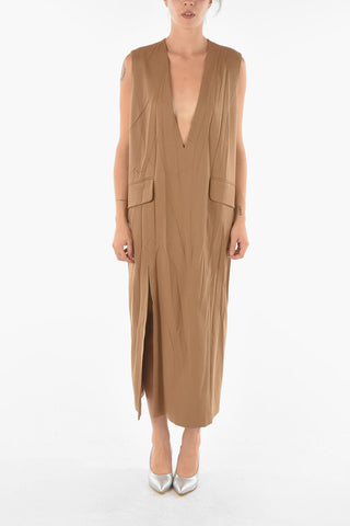 MM6 Virgin Wool Blend Midi Dress with Plunging Neckline