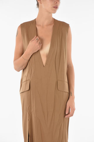 MM6 Virgin Wool Blend Midi Dress with Plunging Neckline