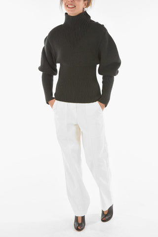 Shetland Wool Turtle-neck Sweater with Balloon Sleeves
