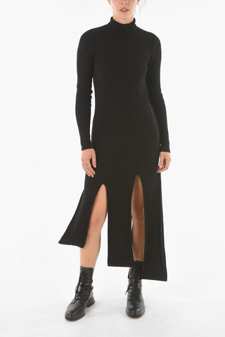 Wool Blend Turtle-neck Midi Dress with Maxi Fringes