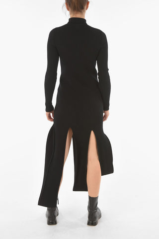 Wool Blend Turtle-neck Midi Dress with Maxi Fringes