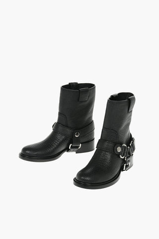 Crinkled Leather Ankle Boots with Decorative Buckles