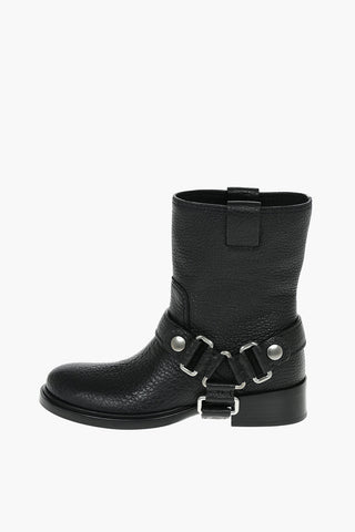 Crinkled Leather Ankle Boots with Decorative Buckles