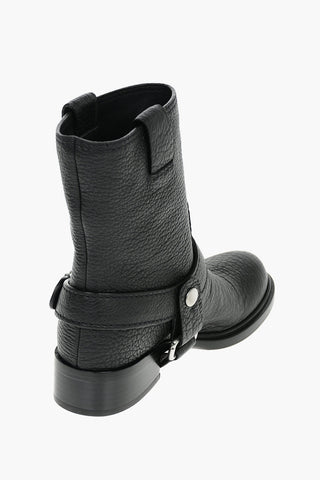 Crinkled Leather Ankle Boots with Decorative Buckles