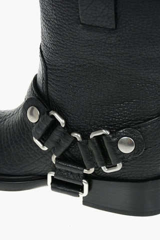 Crinkled Leather Ankle Boots with Decorative Buckles