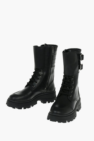 Leather Combat Boots with Double Buckle and Zip Fastening