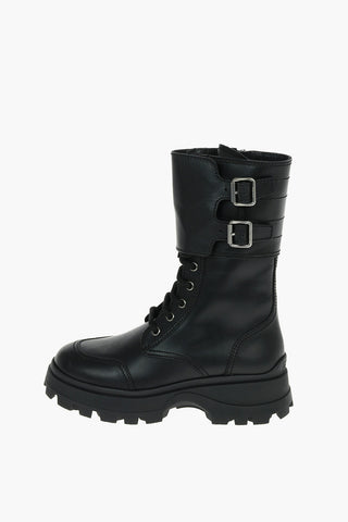 Leather Combat Boots with Double Buckle and Zip Fastening