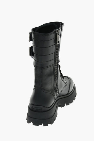 Leather Combat Boots with Double Buckle and Zip Fastening