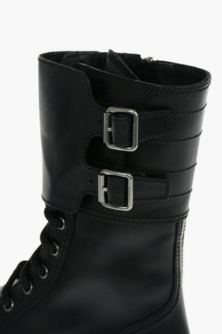 Leather Combat Boots with Double Buckle and Zip Fastening