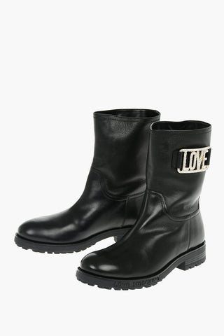 LOVE Leather Ankle Boots with Rhinestone Embellished Logo