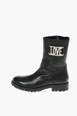 LOVE Leather Ankle Boots with Rhinestone Embellished Logo