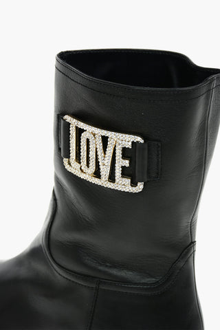 LOVE Leather Ankle Boots with Rhinestone Embellished Logo
