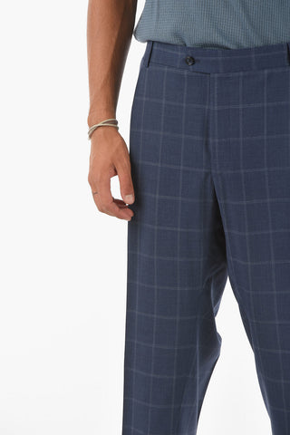 Virgin Wool Windowpane Checkered LEADER Pants with Single Pleat
