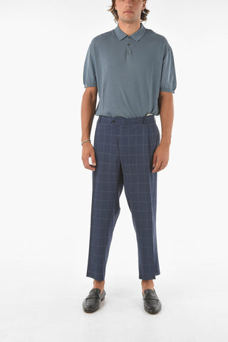 Virgin Wool Windowpane Checkered LEADER Pants with Single Pleat