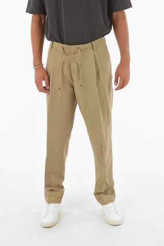 ID Flax Silk Double-pleated Pants with Waist Drawstring