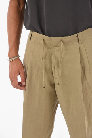 ID Flax Silk Double-pleated Pants with Waist Drawstring