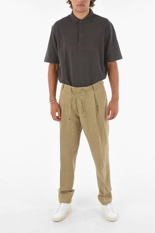 ID Flax Silk Double-pleated Pants with Waist Drawstring