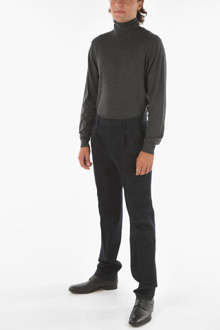 stretch cotton double pleat pants