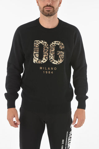 Wool Sweater with Leopard Patterned Logo Patches