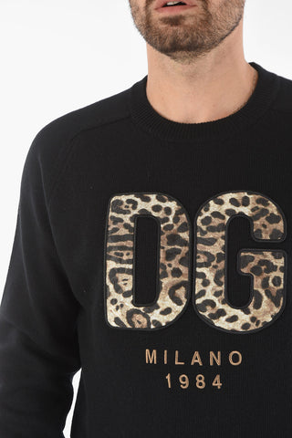 Wool Sweater with Leopard Patterned Logo Patches