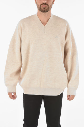 Wool Blend V-neck Sweater with Embroidered Logo