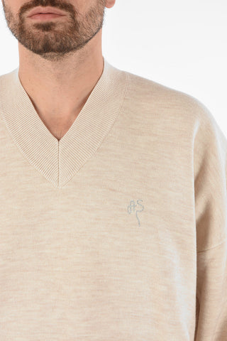 Wool Blend V-neck Sweater with Embroidered Logo