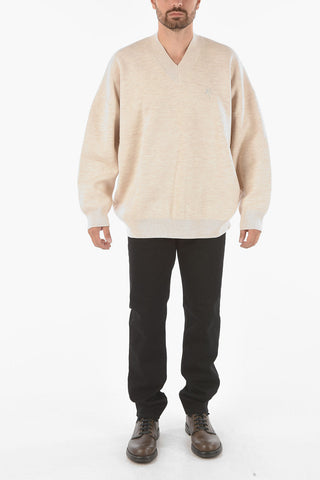 Wool Blend V-neck Sweater with Embroidered Logo