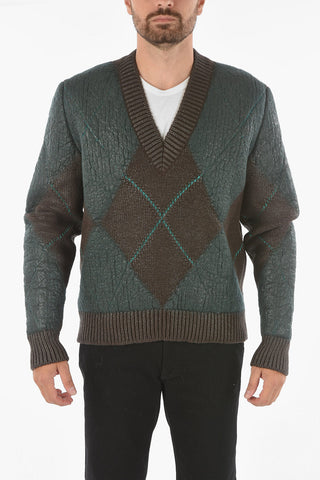 Two-tone Coated Wool Sweater with Argyle Motif