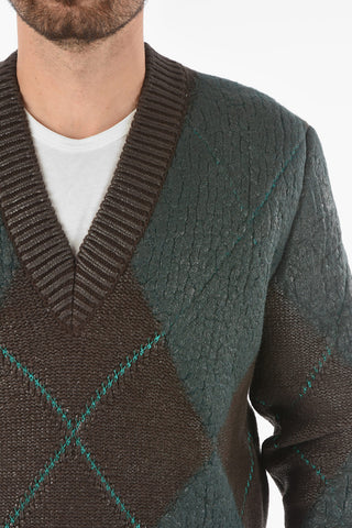 Two-tone Coated Wool Sweater with Argyle Motif