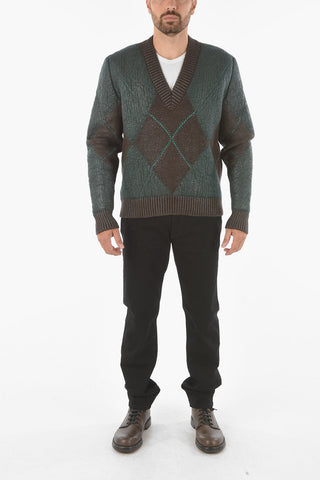 Two-tone Coated Wool Sweater with Argyle Motif