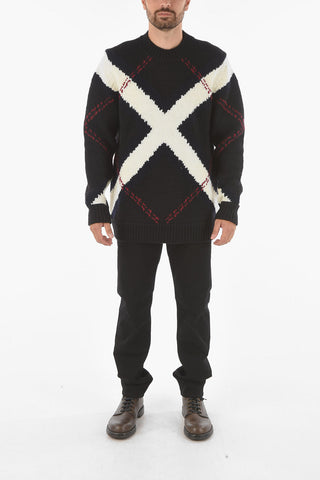 Cashmere Wool Crewneck Sweater with Argyle Motif