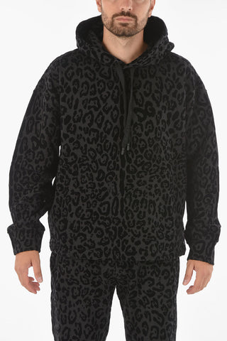 Velour Leopard Patterned Hooded Sweatshirt