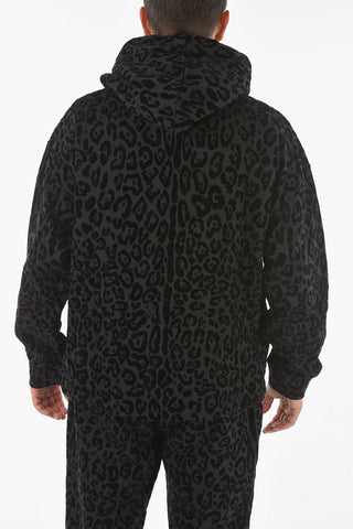Velour Leopard Patterned Hooded Sweatshirt