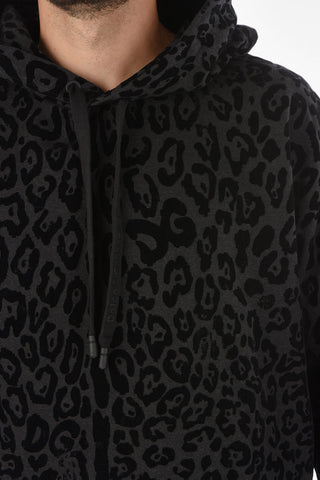 Velour Leopard Patterned Hooded Sweatshirt