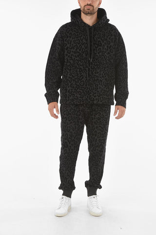 Velour Leopard Patterned Hooded Sweatshirt