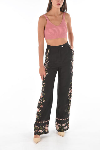 Floral-Printed Side Silk Wide Leg Pants
