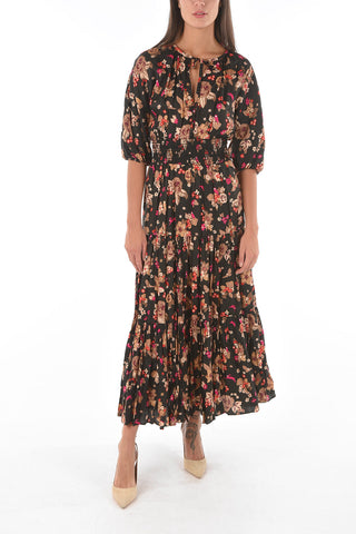 Maxi Dress Bouquet in Twill di Seta con Motivo Floreale