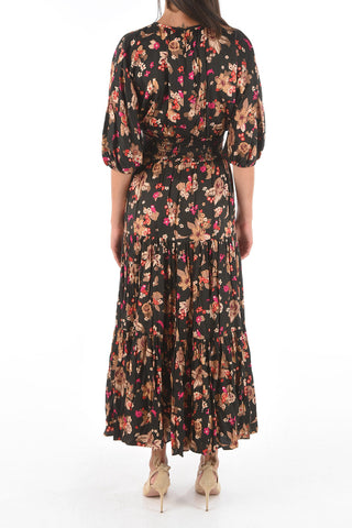 Maxi Dress Bouquet in Twill di Seta con Motivo Floreale