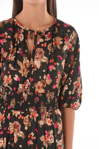 Maxi Dress Bouquet in Twill di Seta con Motivo Floreale